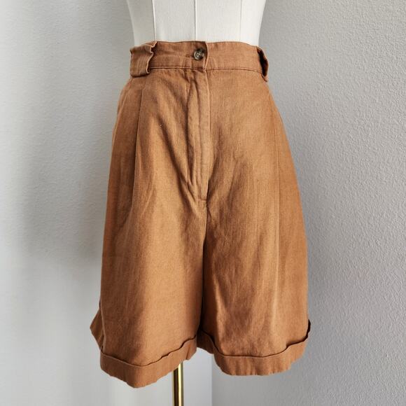 American Vintage Pants - Vintage 90s Rust Orange Linen High Waisted Pleated Mom Shorts Rafaella S
